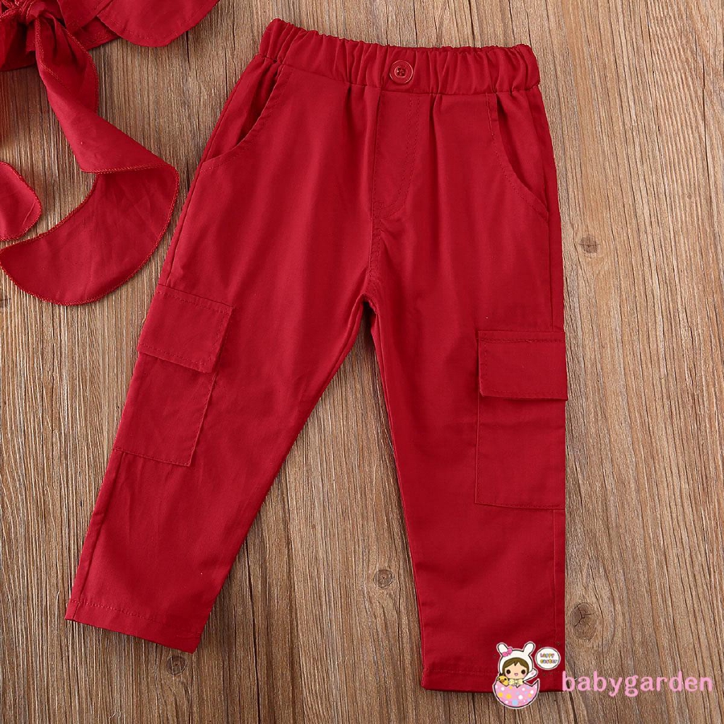 Bộ áo bèo nhún màu đỏ dạng buộc + quần lưng thun thời trang mùa hè cho bé gái