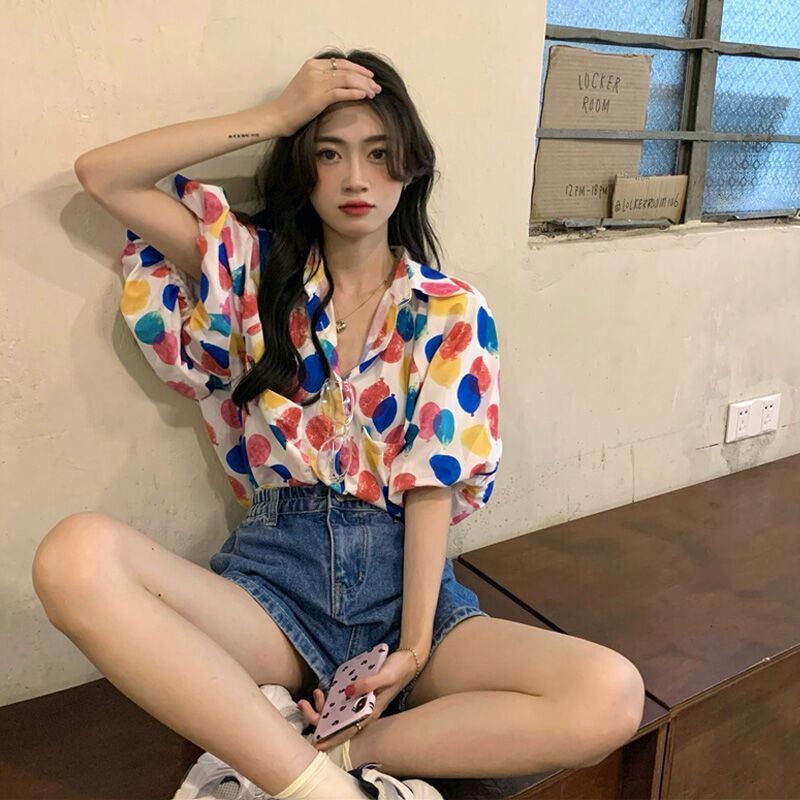 Áo sơ mi tay ngắn phồng in hoa ngọt ngào phong cách mùa hè Pháp