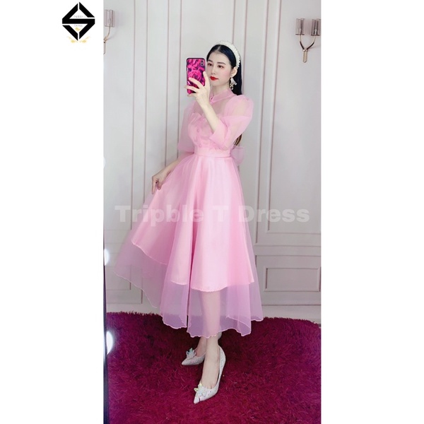 Đầm xòe tiểu thư tay phồng phối nút bọc cột nơ lưng siêu xinh TRIPBLE T DRESS - Size M/L - MS464V