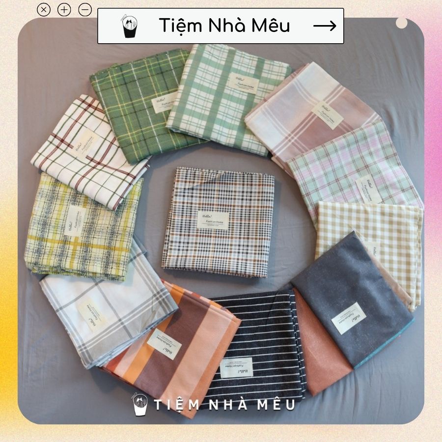 Bộ Ga Gối Cotton Tc✨m6/m8/2m - Tiệm Nhà Mêu✨ Set 3 Món Ga + 2 Vỏ Gối Cotton Basic Caro Không Phai Màu Bai Xù