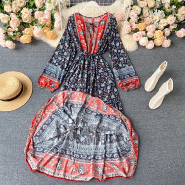 (săn đỏ) Váy đầm maxi boho thổ cẩm tay phồng dáng dài xoè tầng cổ V thắt dây eo vintage du lịch diện hè