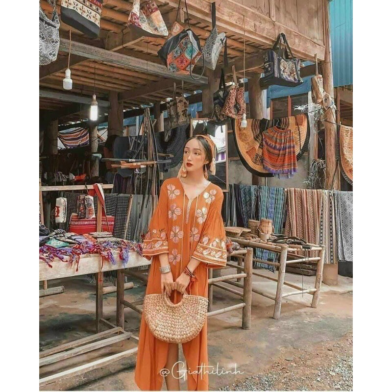 Đầm maxi suông viền thổ cẩm boheme