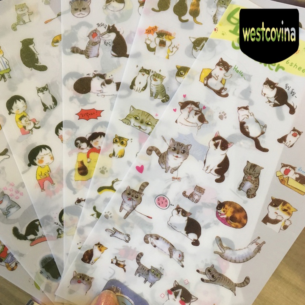 Phương Tây✎Set 6 Tấm Hình Dán Mèo Trong Suốt Trang Trí Nhật Ký