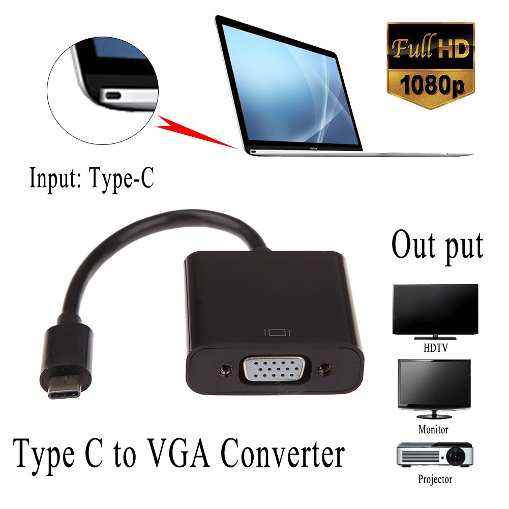 The Best🏆USB 3.1 Type C Male to VGA Female 1080P Adapter for book 12" Filicle