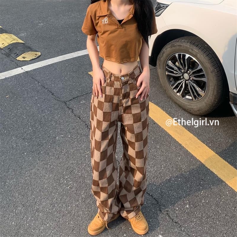 Quần Jean Nữ Lưng Cao Ống Rộng Họa Tiết Caro Phong Cách retro Mỹ