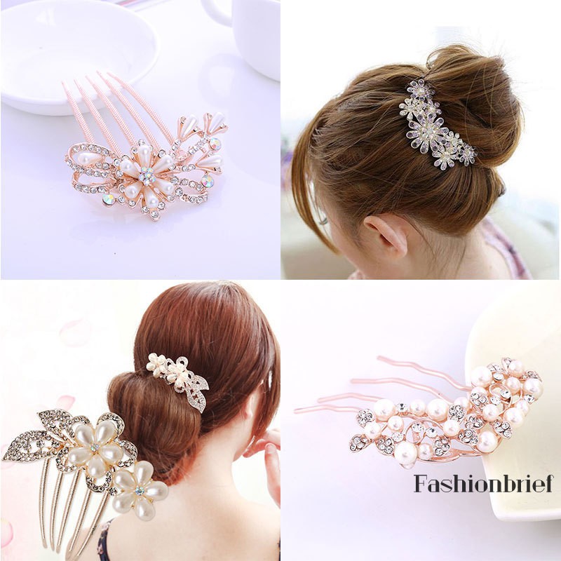 Lược cài tóc họa tiết hoa đính ngọc trai và kim cương nhân tạo thanh lịch cho cô dâu