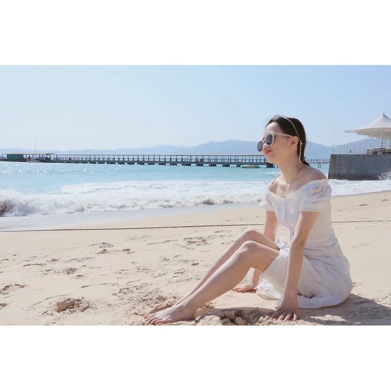 Váy đầm maxi trắng thêu hoa hở vai tay bồng dáng dài kết nút xoè đuôi cá đi chơi đi tiệc đi biển