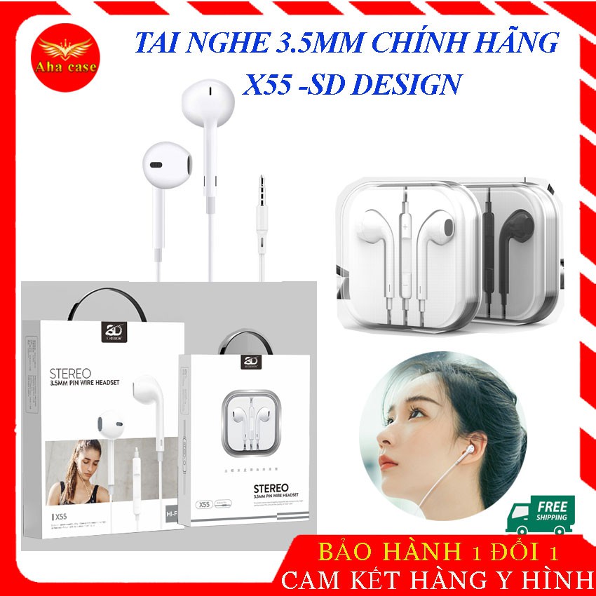 [Tai Xịn] Tai nghe dây chính hãng HiFi X55 SD Design 3.5mm âm thanh cực chất, tay ghe nhạc hay, chống ồn, nghe gọi tốt