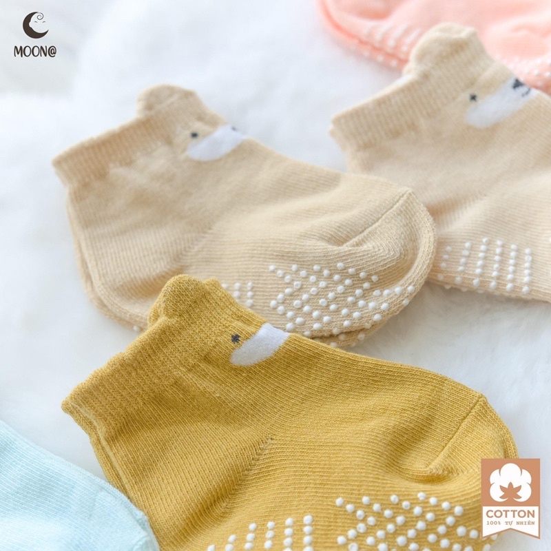 Moon - Set 2 đôi tất sơ sinh 100% Cotton tự nhiên chống trơn cho bé