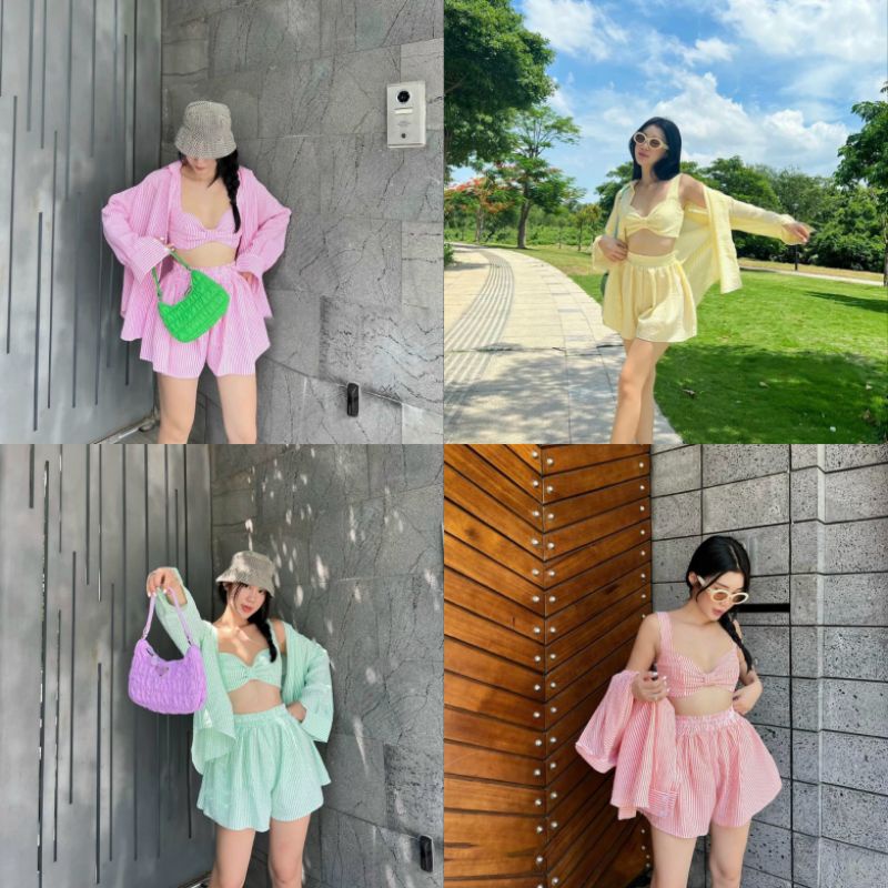 Set Đồ Đi Biển Ms.1302 Áo Bra Hai Dây Bản To Chun Lưng Phối Quần Short Ống Rộng Và Sơ Mi Dáng Suông Rộng, Chất Xốp