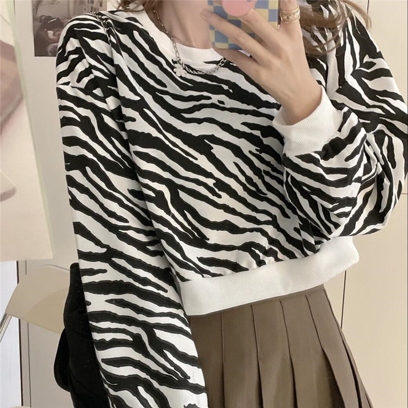 Áo Sweater Mỏng Tay Dài Cổ Tròn Dáng Rộng In Họa Tiết Ngựa Vằn Cá Tính