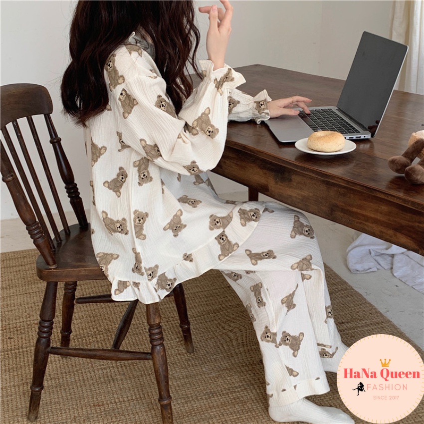 Bộ đồ mặc nhà dài tay thu đông chất muslin cao cấp hoạ tiết hình gấu siêu dễ thương [Hàng có sẵn]