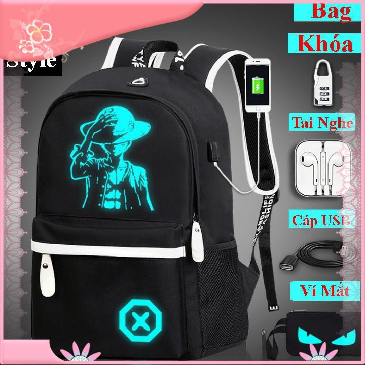 COMBO Balo dạ quang phát sáng Cao Cấp OnePiece, Tặng Ngay Khóa Số, Tai Nghẹ, Cáp Sạc & Ví Dạ Quan