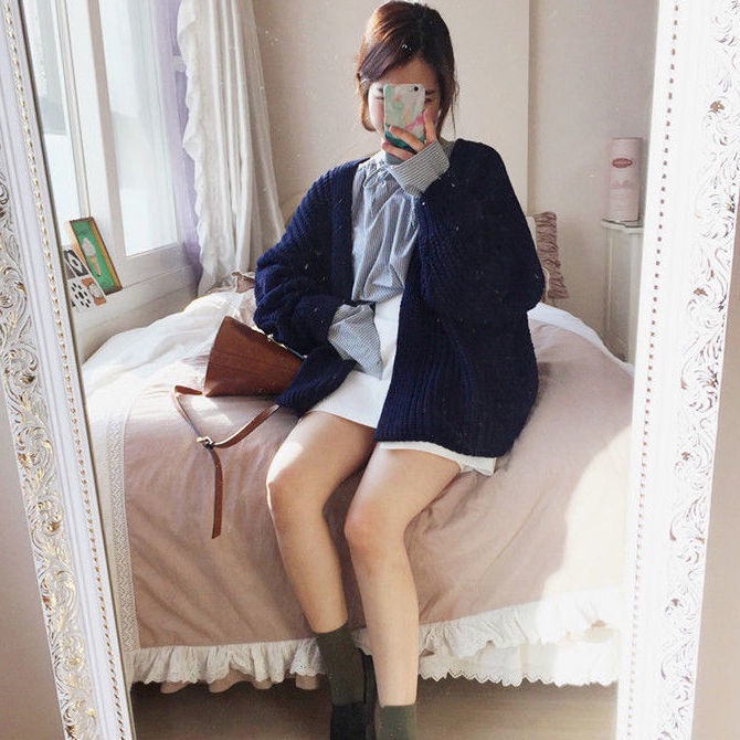 Áo khoác cardigan len dệt kim kiểu hoa cổ chữ V phong cách retro giản dị