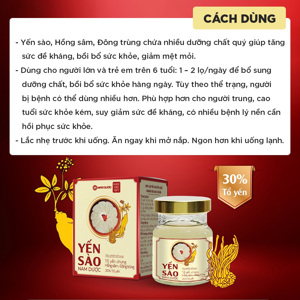 Yến sào nam dược chưng hồng sâm đông trùng bổi bổ sức khỏe tăng đề kháng giảm mệt mỏi.Lọ 70ml suckhoechomoinha