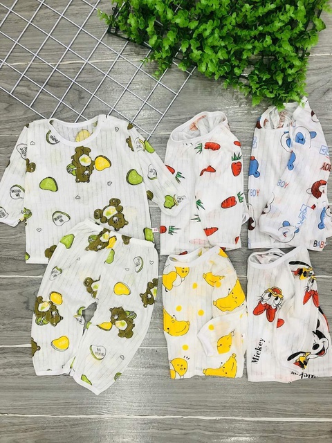 Bộ cotton giấy dài tay khuy vai cho bé