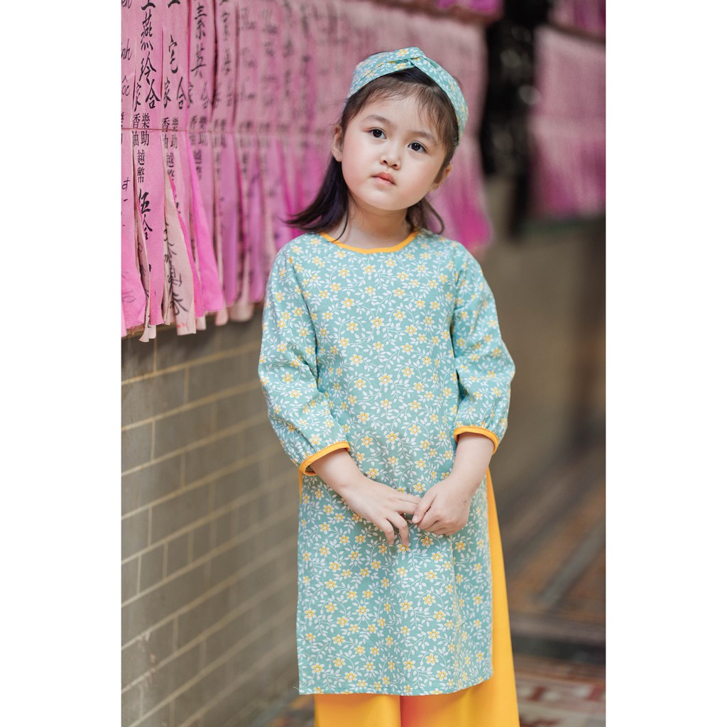 Set áo dài cho bé gái BYZU kiểu áo dài cách tân hoa nhí, chất liệu Linen màu xanh cực yêu