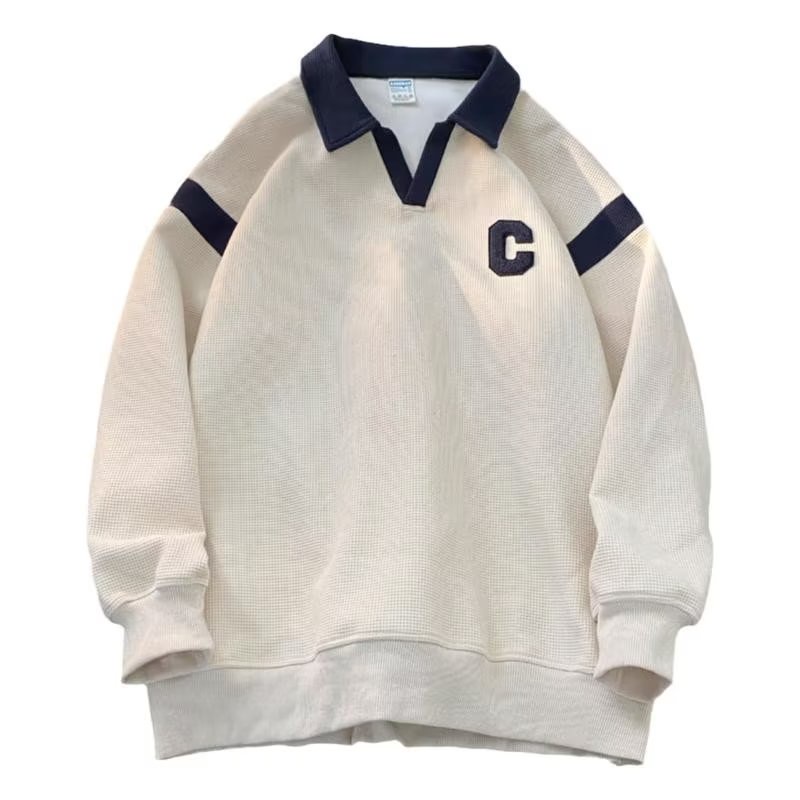 Áo Thun POLO Dài Tay Cổ Chữ V Form Rộng Thêu Chữ Thời Trang Dành Cho Nam