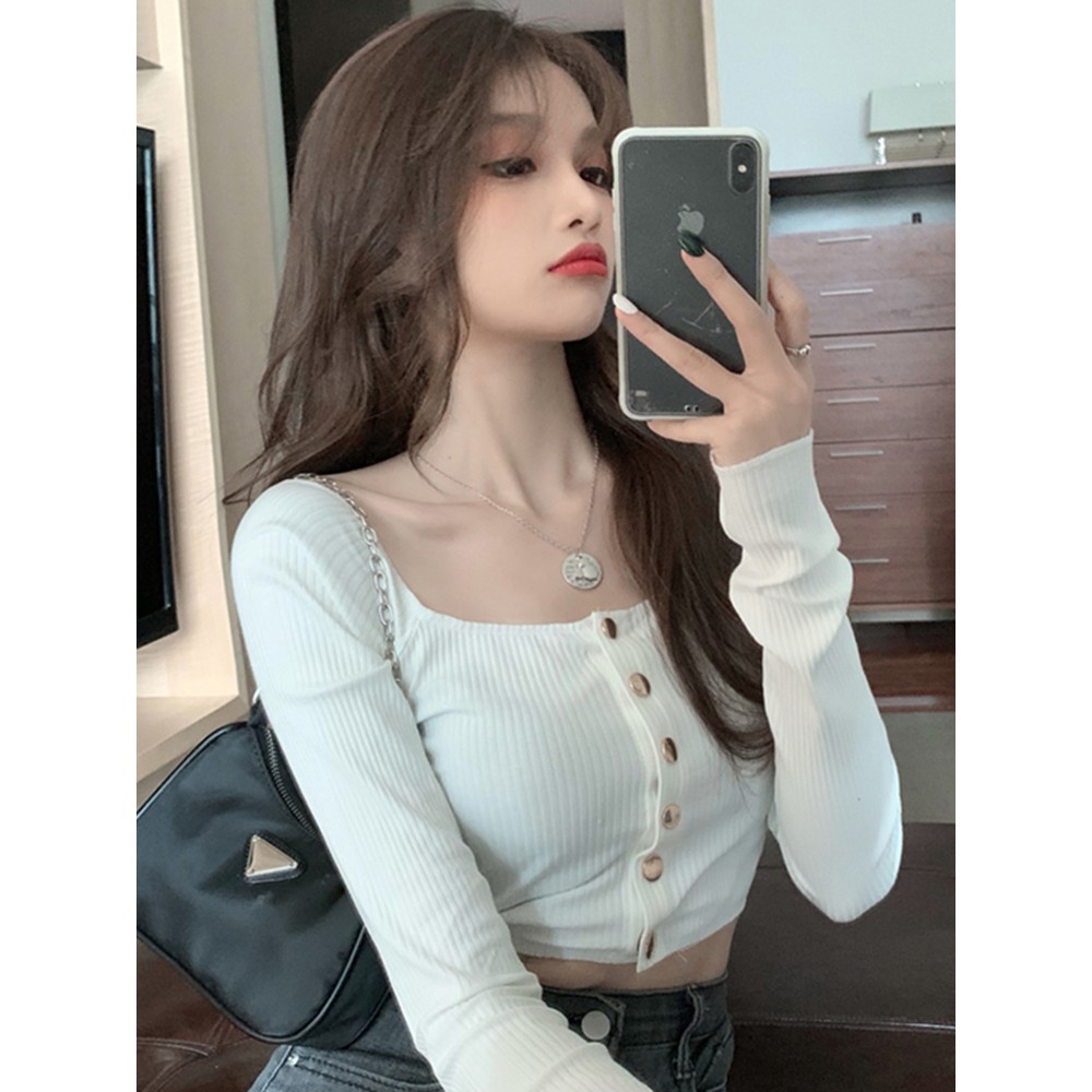 Áo croptop tay dài hở vai màu trơn trang trí nút thời trang cho nữ