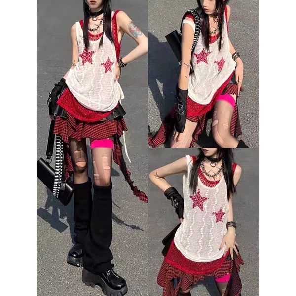 Áo lưới 2 lớp hoạ tiết sao Rock Star phong cách Gothic Y2K