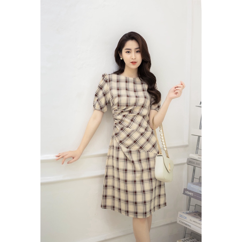 Váy thô đũi kẻ ô xoắn eo cổ tròn tay phồng TIIN STORE V0T267 | BigBuy360 - bigbuy360.vn