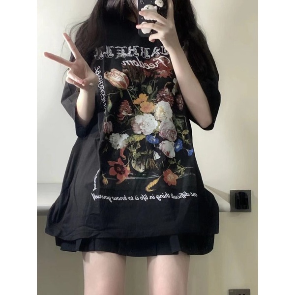 Áo Thun Tay Ngắn Dáng Rộng In Họa Tiết Phong Cách Retro Thời Trang Xinh Xắn Cho Nữ