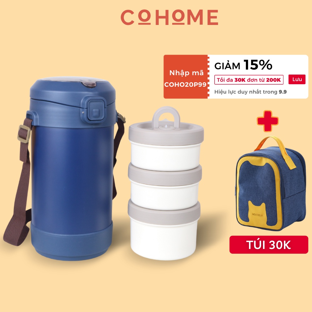 Hộp đựng cơm giữ nhiệt cao cấp, hộp cơm văn phòng 2.2L COHOME 3 khay inox giữ nhiệt 8h