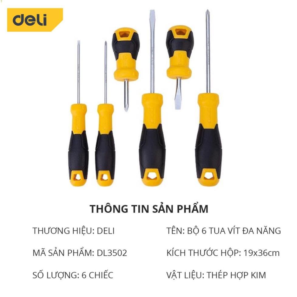 Bộ Tua Vít Deli 6 Chiếc Cao Cấp Chính Hãng - Chất Liệu Siêu Bền, Chống Mòn, Gỉ, Tay Cầm Chống Trơn Trượt - DL3502 .