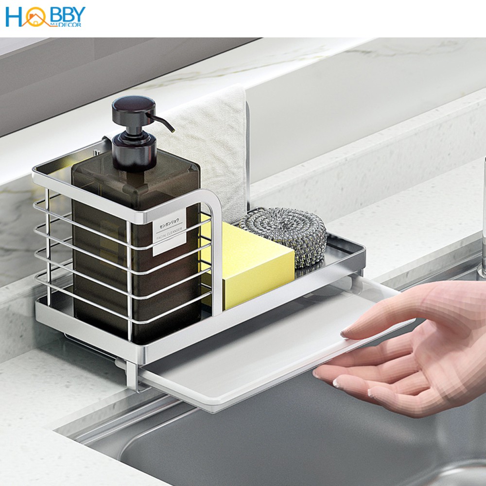 Kệ rổ để đồ rửa chén Inox 304 Hobby Home Decor KRC7 dán tường có khay hứng nước