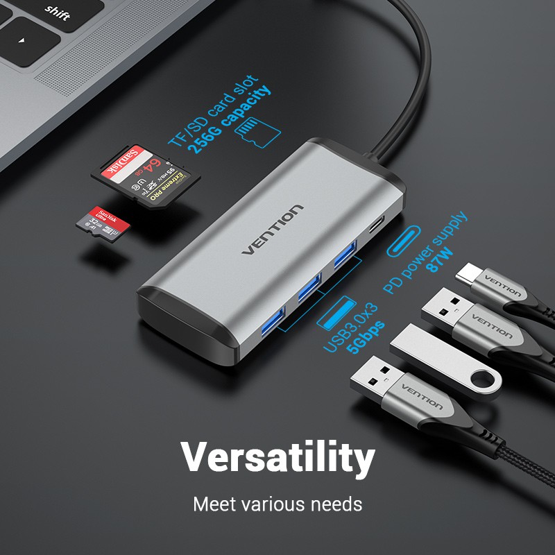 Hub USB C Vention chuyển đổi Type C sang TF/SD/USB 3.0/PD 87W 6 cổng 5Gbps cho Laptop PC 6 trong 1