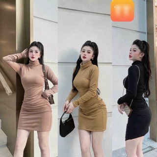 Đầm body cổ lọ dáng ngắn tay dài chất gân mềm mịn, dày dặn