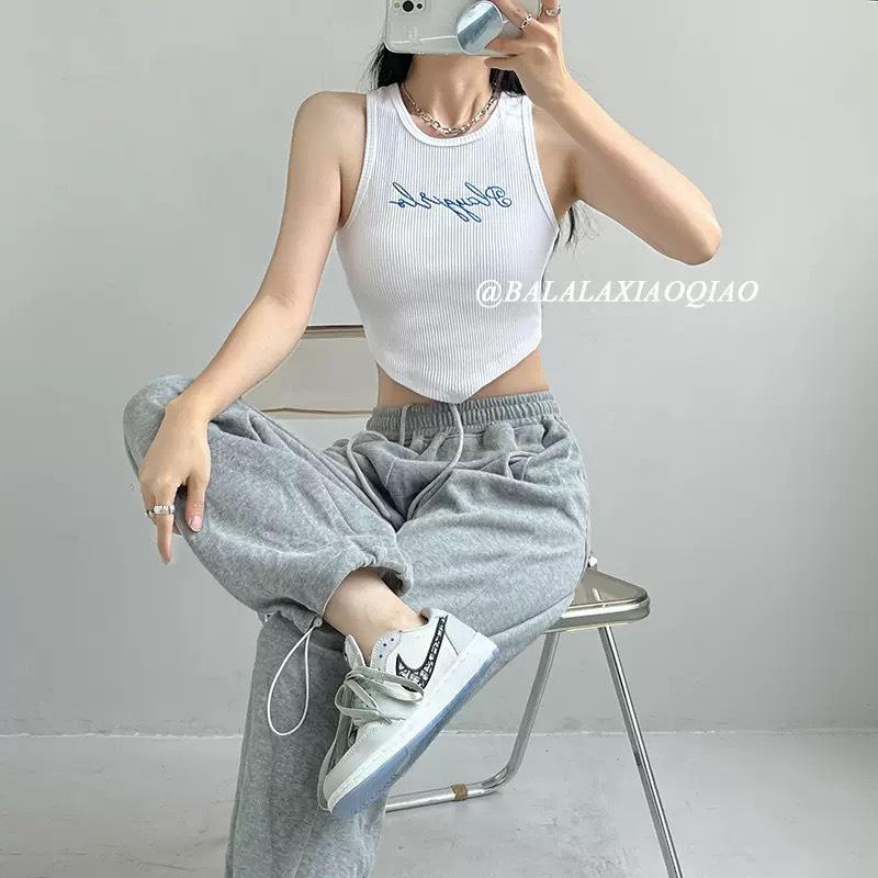 Áo Croptop Ba Lỗ PINKSTORE29, Dáng Ôm Body Vạt Nhọn In Chữ A5419