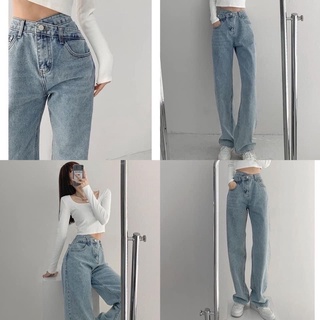 Quần jeans nữ ống suông cạp chéo