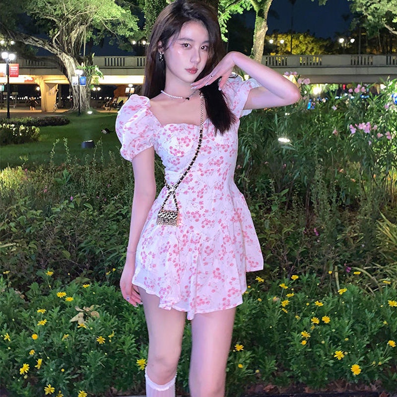 Đầm Tay Phồng Ngắn In Họa Tiết Hoa Thời Trang Đi Biển Mùa Hè Xinh Xắn Cho Nữ