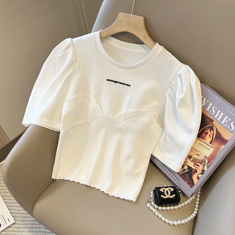 Áo Thun Tay Phồng Dáng Ôm Dệt Kim Co Giãn In Chữ Thời Trang Phong Cách Hàn Quốc