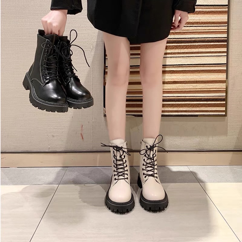 Boots martin cổ ngắn đan dây đế cao răng cưa cao 5cm