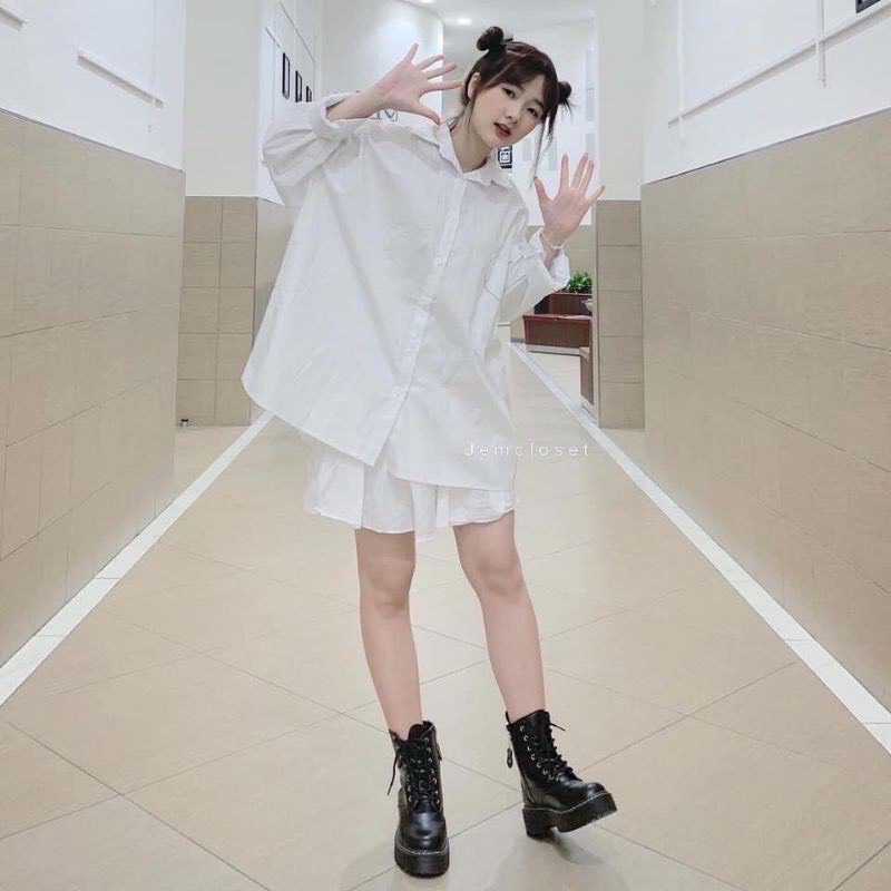 Sơ mi nữ trơn cổ bẻ dài tay đi học form dáng rộng dài Basic màu đen trắng | BigBuy360 - bigbuy360.vn