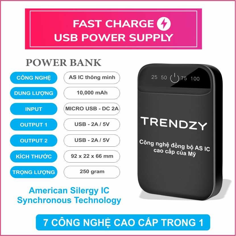 Sạc Dự Phòng Mini 10000mAh chính hãng SMART POWERBANK, 2 Cổng Sạc 2A/5V | Công nghệ ASIC thông minh