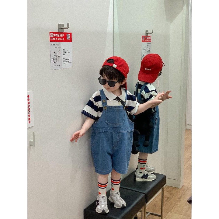 Bộ Trang Phục Hai Mảnh Áo Sơ Mi Tay Ngắn Và Quần Short Denim Họa Tiết Kẻ Sọc Thời Trang Mùa Hè Hàn Quốc Nhật Bản Dành Cho Bé Trai 2022