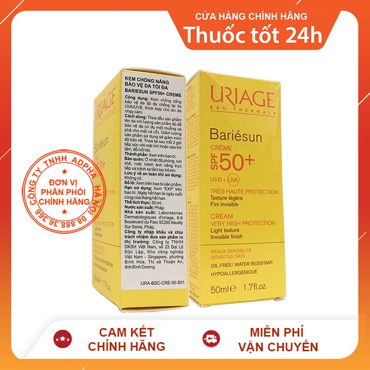 [Hàng nhập khẩu] Kem chống nắng Uriage Bariésun Crème SPF50+ cho da thường và nhạy cảm