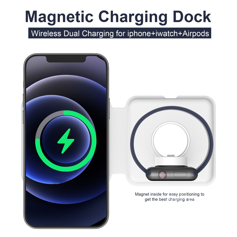 Q500 Thích hợp cho iPhone 12 Iwatch AirPods Sạc nhanh MagSafe Magnetic Bộ sạc không dây hai trong một có thể gập lại