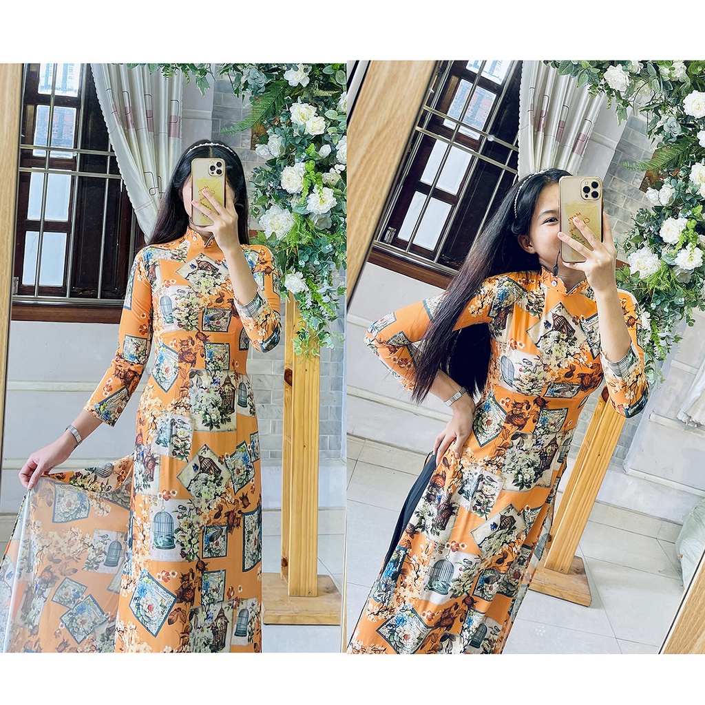 Áo dài hoa tím - Áo dài họa tiết lồng chim vintage