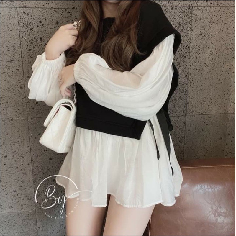 Áo tay phồng babydoll vải voan phối thun cao cấp