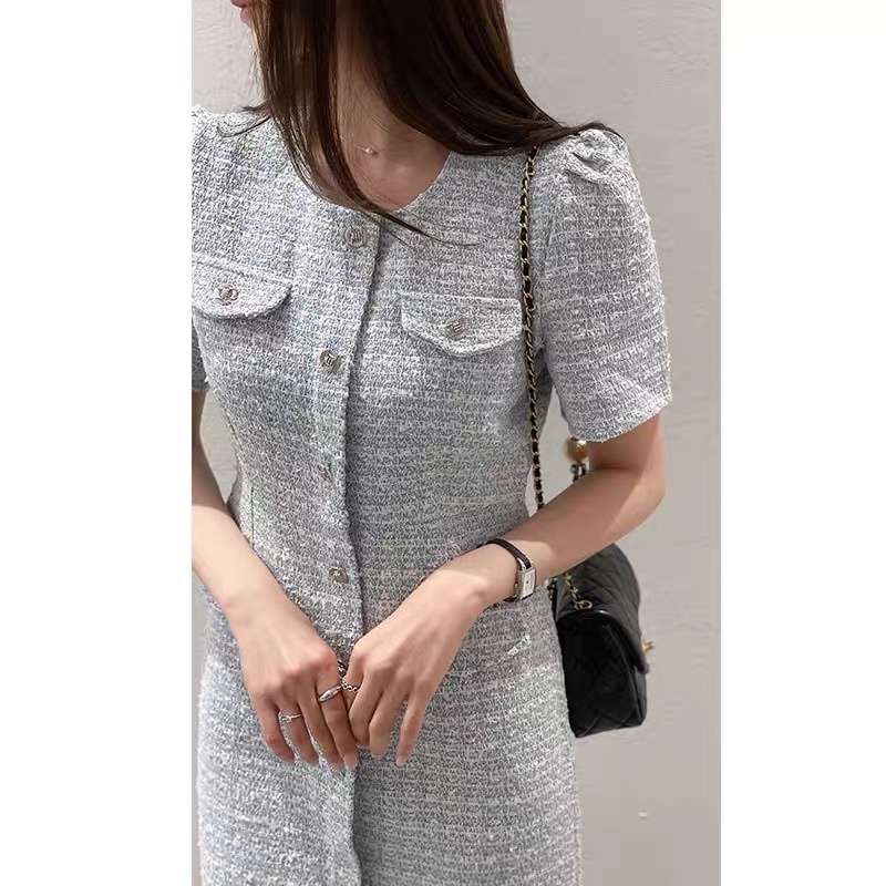 N51  Váy dạ tweed dánv ngắn cổ tròn ulzzang thu đông sang chảnh COÁ ẢNH THẬT