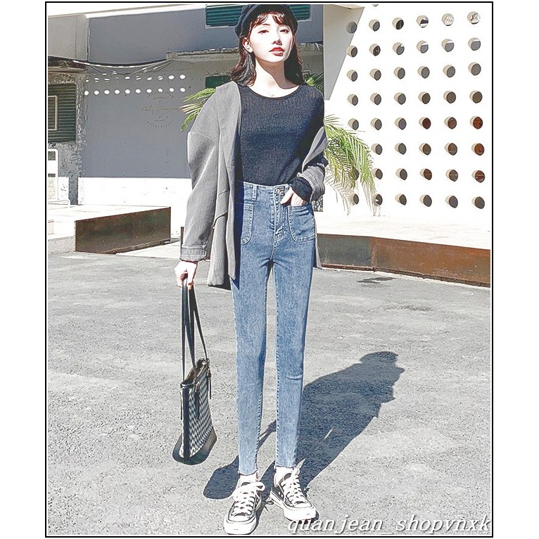 Quần jean nữ 1 CÚC + 2 TÚI KIỂU VUÔNG BẦU lưng cao qua rốn MS126-5