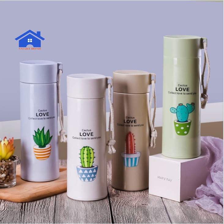 Bình Đựng Nước Thủy Tinh 400ml Vỏ Nhựa Lúa Mạch In Hình Cây Sương Rồng Xinh Xắn - Y99