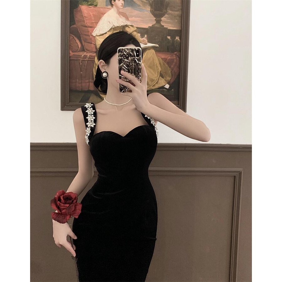 Đầm Hai Dây Màu Đen Phong Cách Pháp Cổ Điển Thời Trang Mùa Hè Cho Nữ 2022