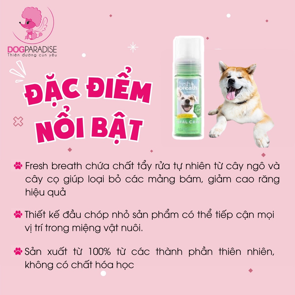 Bọt vệ sinh răng miệng cho chó Tropiclean Fresh Breath hương bạc hà trà xanh thơm mát 133ml - Dog Paradise