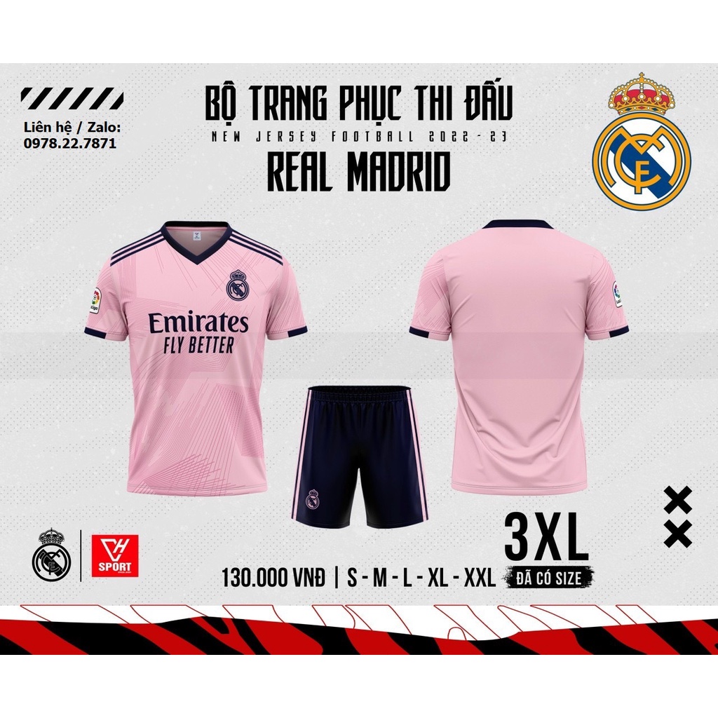 Bộ quần áo bóng đá, đồ đá banh Real Madrid Sân Khách Màu Hồng 2022-2023 Vải Thun Lạnh Cao Cấp