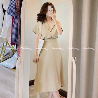 (Sale) Set áo sơ mi cổ vest + Chân váy midi dài
